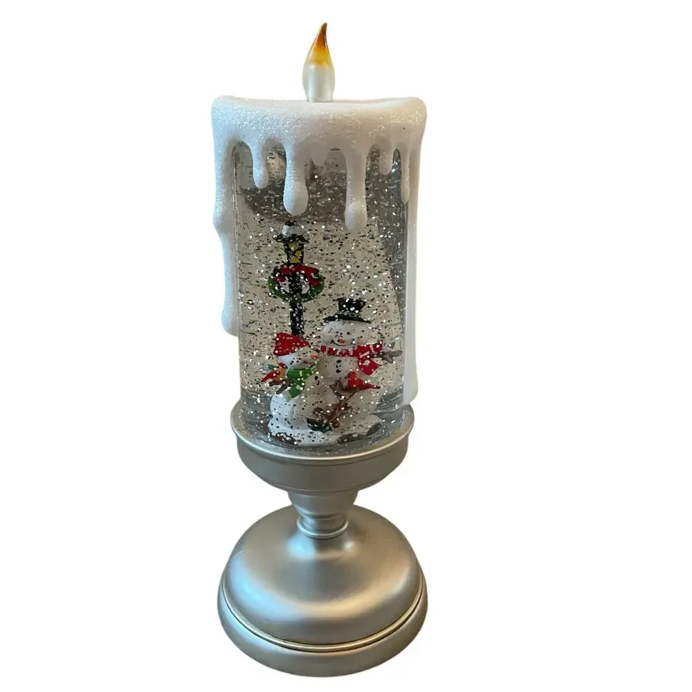 Illuminated Silver Glitter Pedestal Candle 13in Christmas Holiday Snowman New